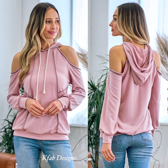 ❤️LAST 1! Soft Heather Rose Contrast Stitch French Terry Cold Shoulder Hoodie - Picture 2 of 7
